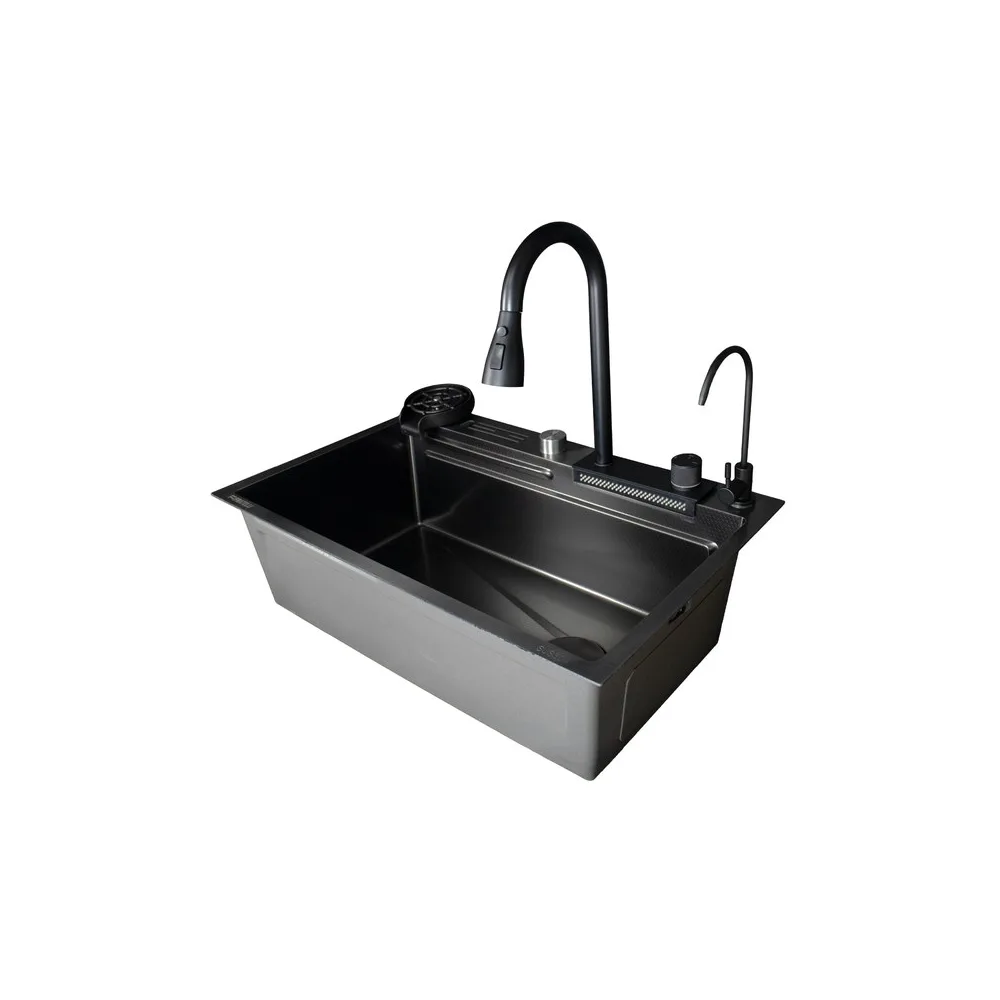 ML-7545B -lavadero multifuncional milos de acero inox. 304 black c/mezcladora +filtro de agua (4 funciones) 75X45X23 cm -Fratelli premium