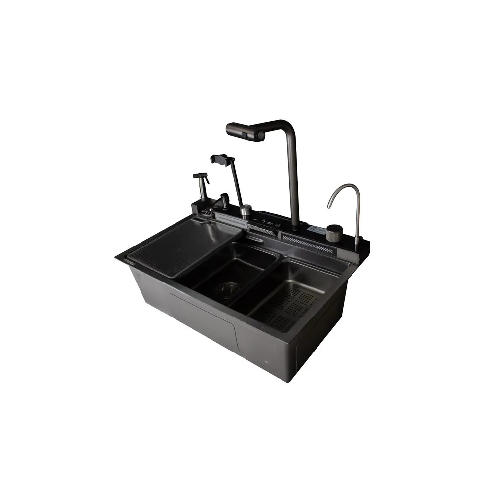 PSD-7546B -lavadero multi. Poseidon de acero INOX.304 black c/mezcladora +filtro de agua (6 funciones) 75X46X22 cm -Fratelli