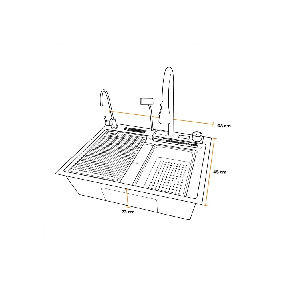 BRC-6845B - lavadero multifuncional Barranco de acero inox. 304 nano black c/mezcladora + filtro de agua (3 funciones) 68X45X23 cm -