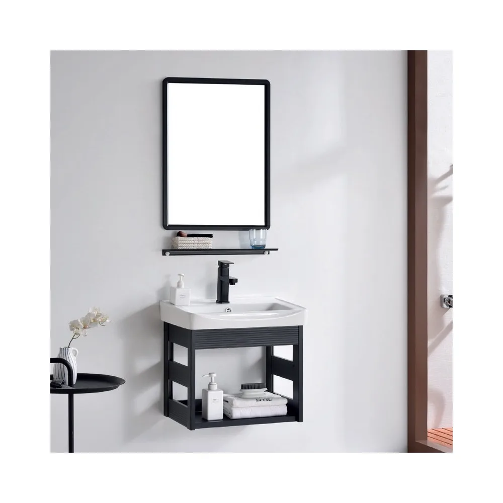 Vanitorio de aluminio c/repisa + Espejo cuadrado PS12-5036 negro eco 50X30CM - Fratelli