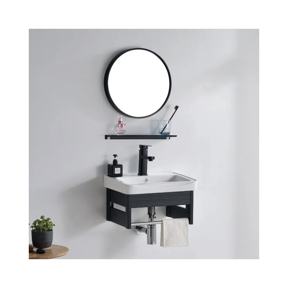 Vanitorio de aluminio c/repisa + Espejo redondo PS19-5036 negro eco 50X35CM - Fratelli