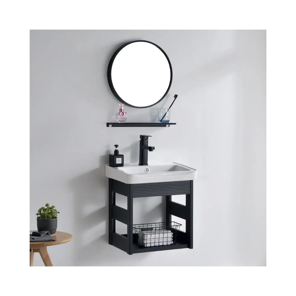 Vanitorio de aluminio c/repisa + Espejo redondo PS20-5036 negro eco 50X35CM - Fratelli