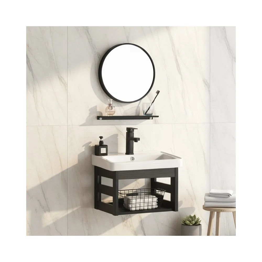 Vanitorio de aluminio c/repisa + Espejo redondo PS20-6040 negro eco 50X35CM - Fratelli