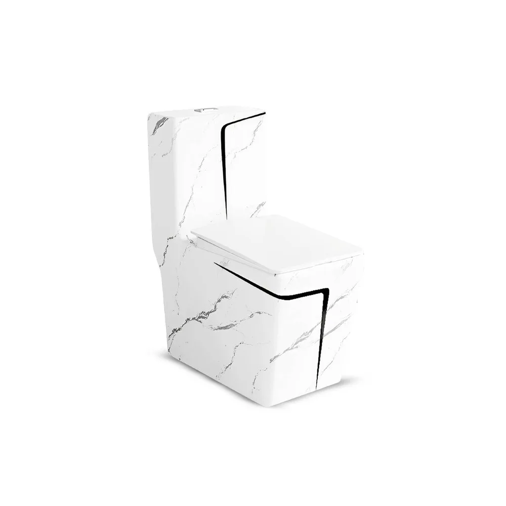 Inodoro one piece + tapa asiento y acces. minimalista marmoleado blanco c/negro 2328MBL(69X35X76) - Fratelli