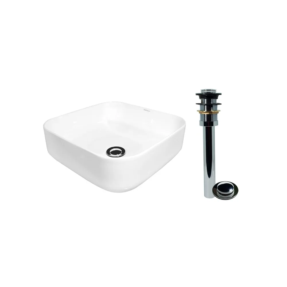 Bowl loza nuevo (150) p/desague grande mod. cuadrado blanco 38X38X14 Fratelli 2022 + desague push chico p/bowl A113 s.s. cola (23CM)