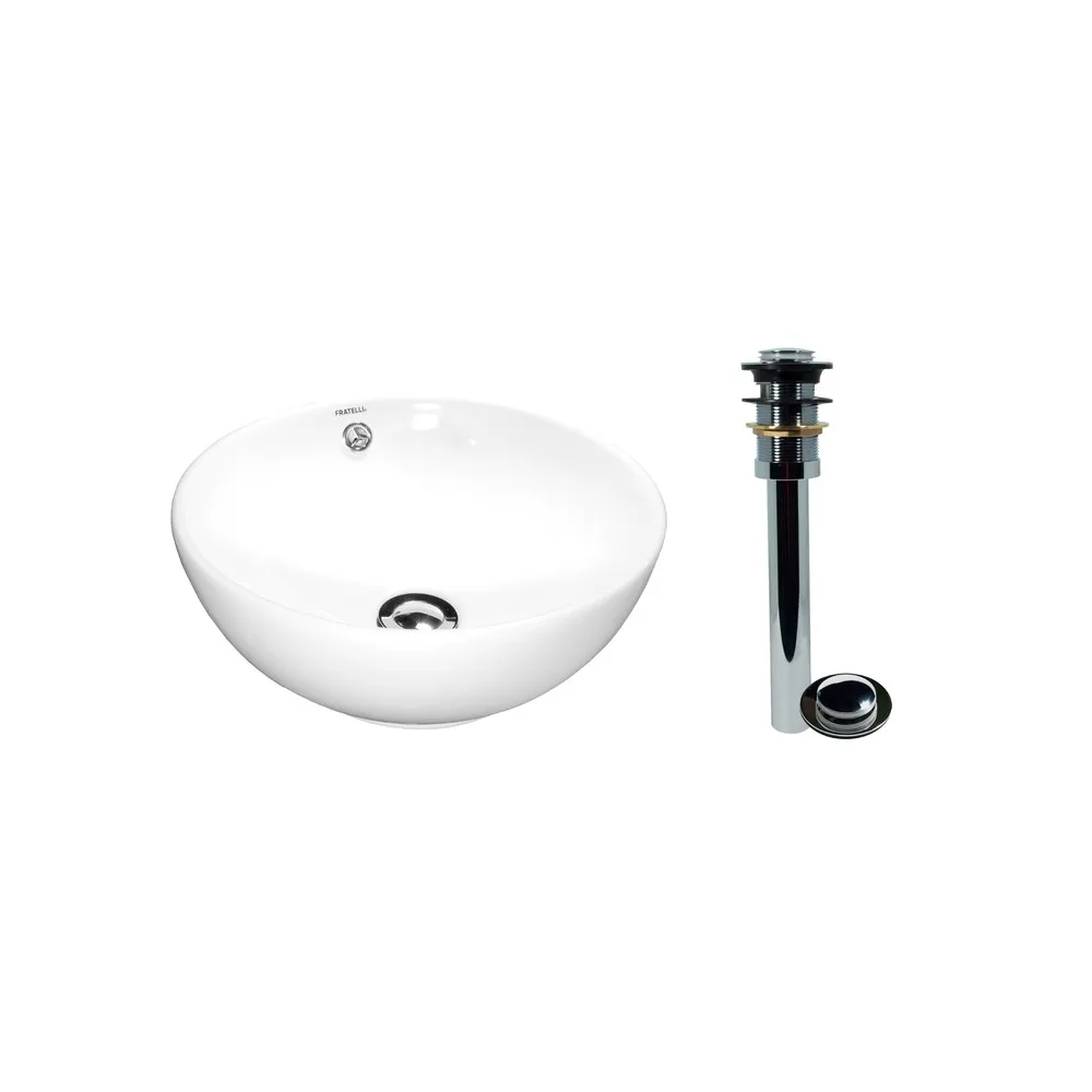 Bowl loza nuevo (480) p/desague grande mod. circular blanco 38X38X17 Fratelli 2022 + desague p/lavatorio A113-C s.s. cola 23 cm(push chico)
