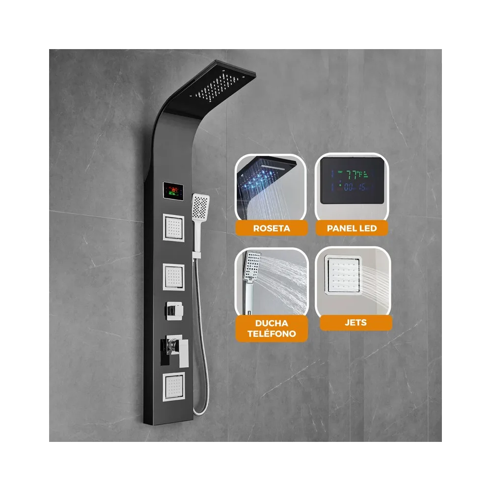Columna de ducha niágara c/luces LED bright black sus 304 - Fratelli