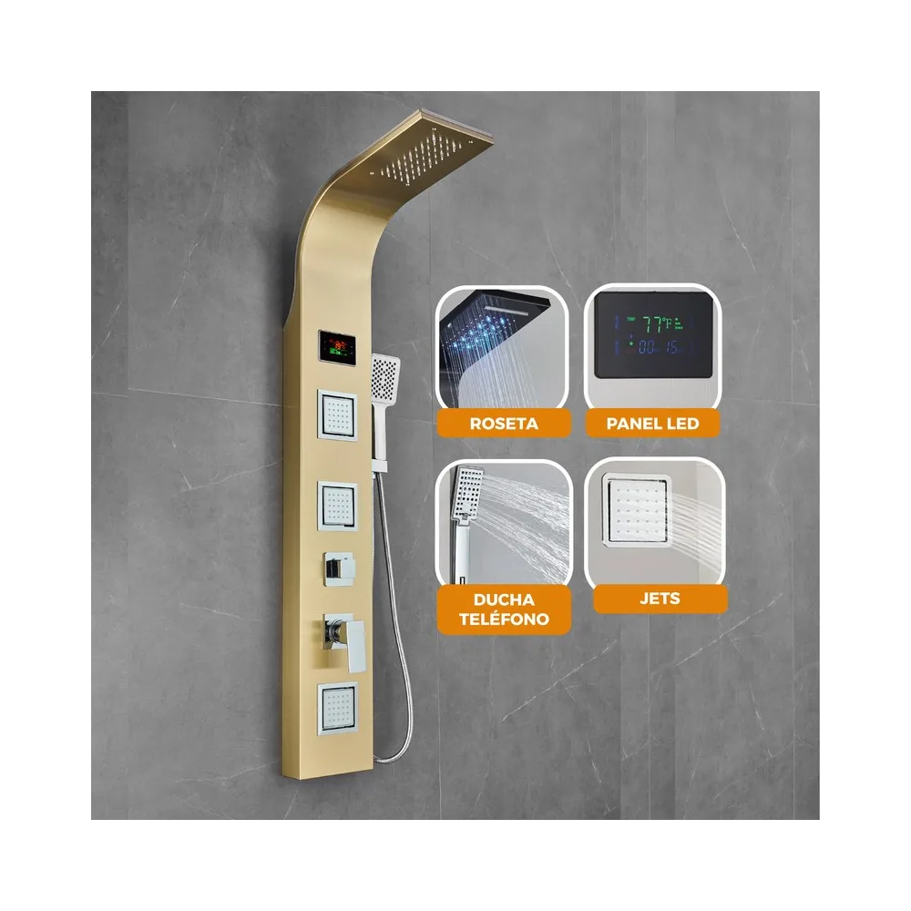 Columna de ducha niágara c/luces LED satin gold sus 304 - Fratelli premium