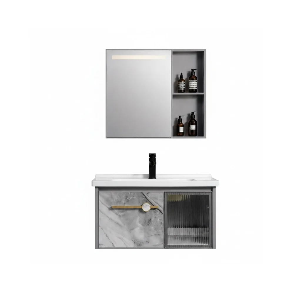 Mueble de baño de aluminio + Espejo con sensor LED - QH401 gris -