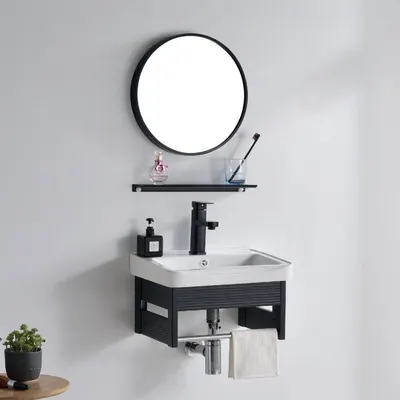 Vanitorio de aluminio c/repisa + Espejo redondo PS19-5036 negro eco 50X35CM - Fratelli
