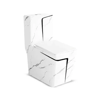 Inodoro one piece + tapa asiento y acces. minimalista marmoleado blanco c/negro 2328MBL(69X35X76) - Fratelli
